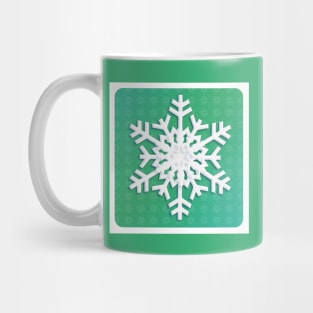 Snowflake Winter Holiday Christmas Kids Party Decoration. White Snowflake on green christmas tree background. Mug